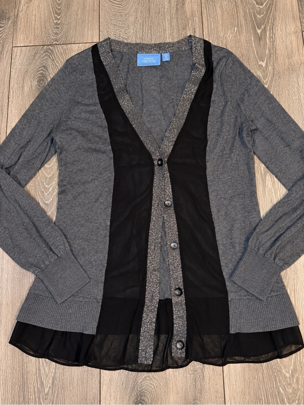 Simply Vera Vera Wang Gray and Black Sheer Panel Cardigan Sweater Size M